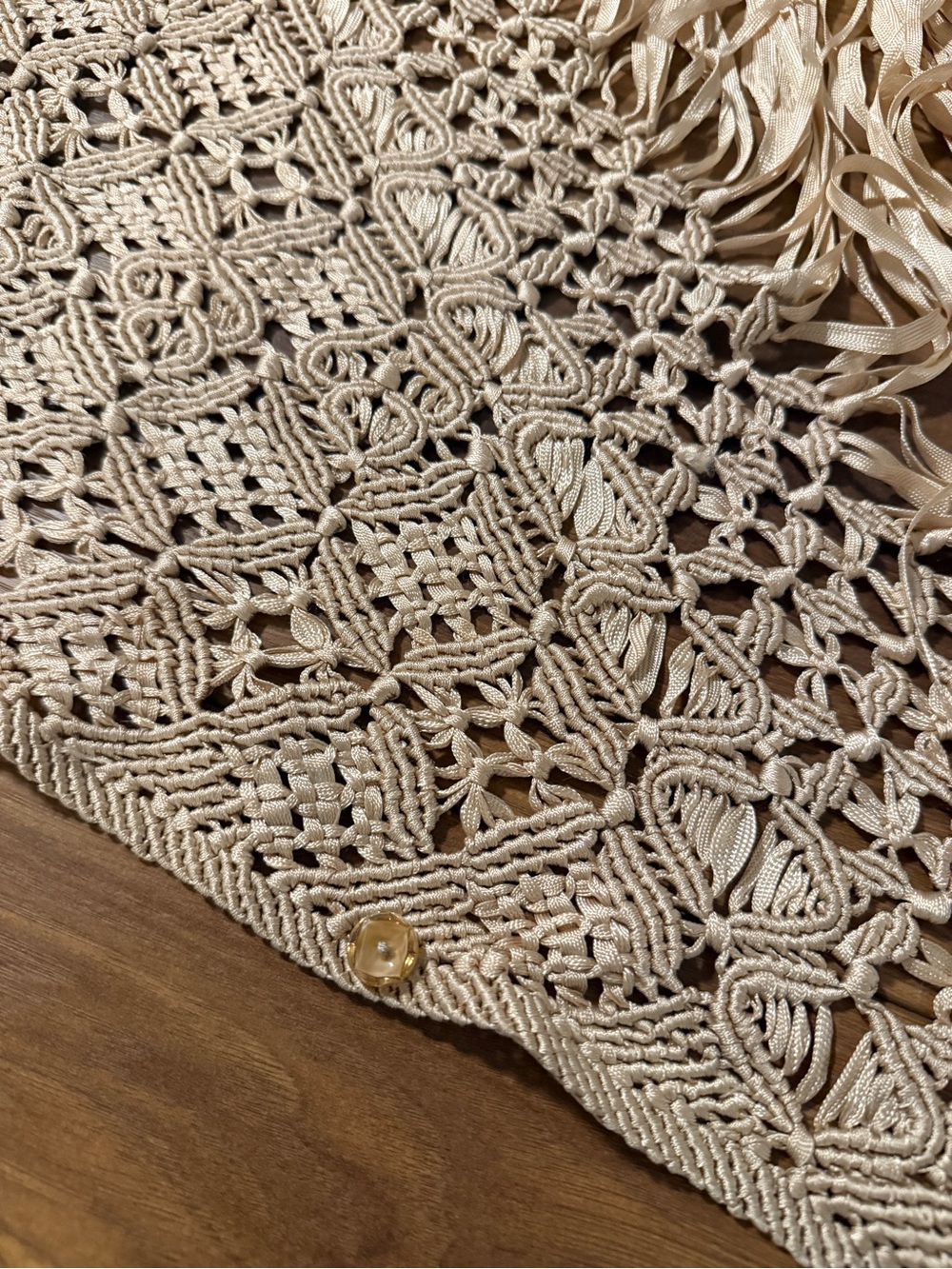 Hand-Knotted Macramé Fringe Triangle Shawl Wrap – Boho Festival Beige/Cream - Picture 4 of 10
